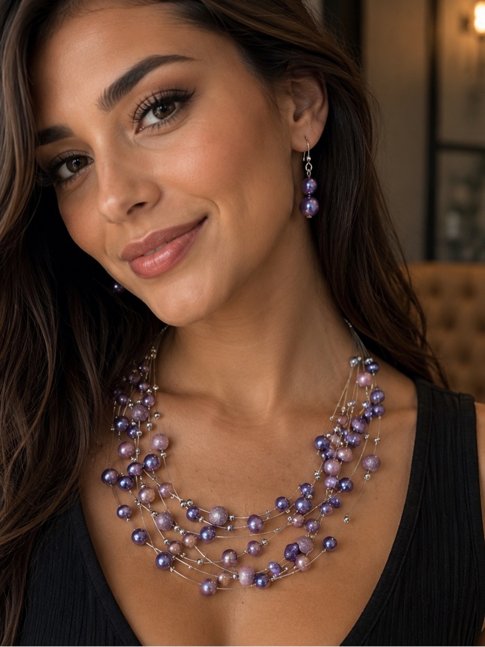 Purple Faux Pearl Floating Beaded Necklace and Earring Set
